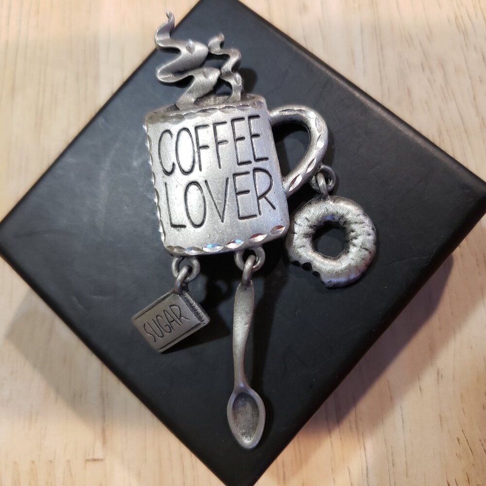 Vintage "Coffee Lover" Pinback, Silver, with 3 Charms: sugar, spoon, and donut